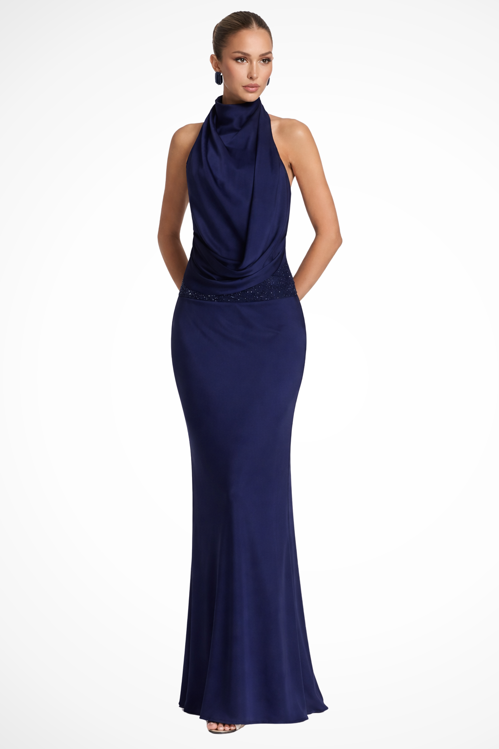 Halterneck Maxikleid aus Satin für Damen | Elegantes Abendkleid mit Rückenausschnitt und Drapierung für Hochzeitsgäste