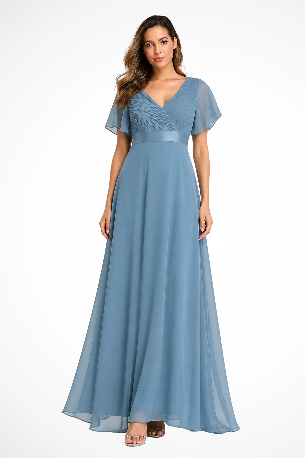 Maxikleid Damen aus Chiffon | Festliches Kleid für Hochzeitsgäste mit V-Ausschnitt und Flatterärmeln | Fließendes Abendkleid