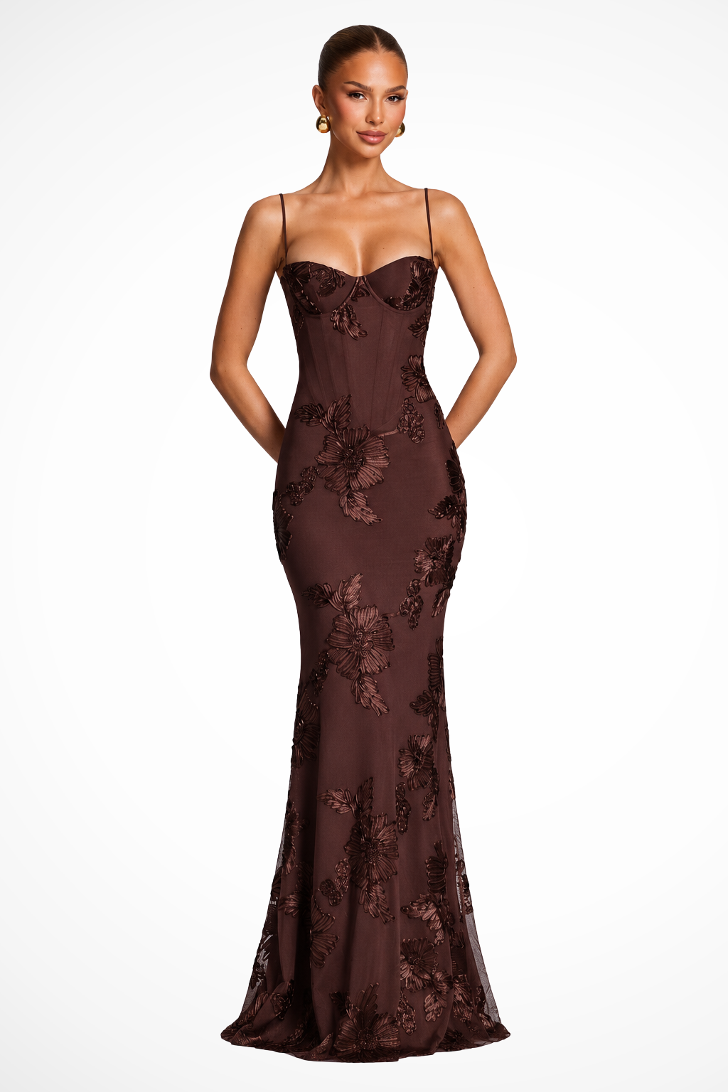 Women's Maxi Dress with Floral Embroidery & Corset Top | Formal Dress for Wedding Guests | Elegant Long Evening Gown