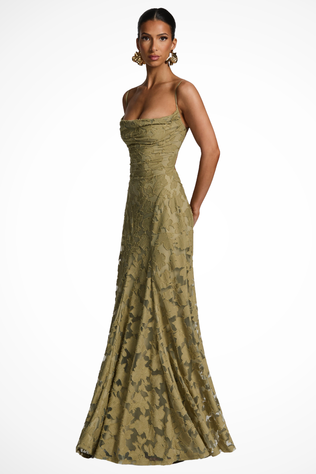 Maxikleid für Hochzeitsgäste mit Wasserfallausschnitt und Blumenspitze | Festliches langes Abendkleid für Damen und feierliche