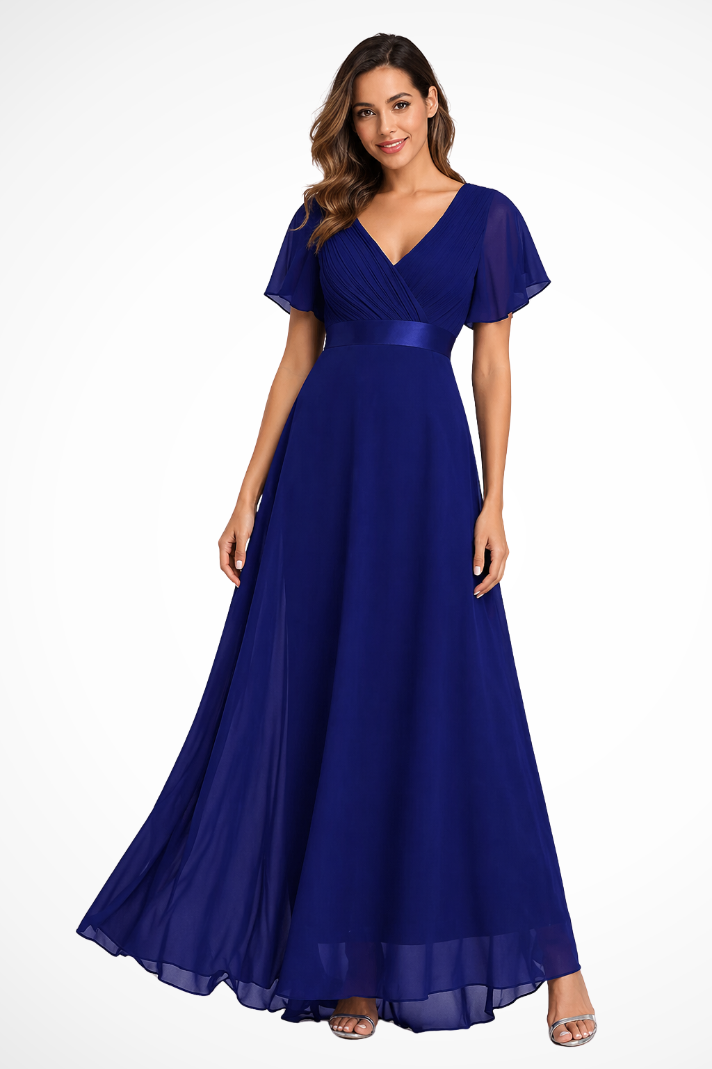 Chiffon-Maxikleid für Damen mit Flatterärmeln und V-Ausschnitt für Hochzeitsgäste