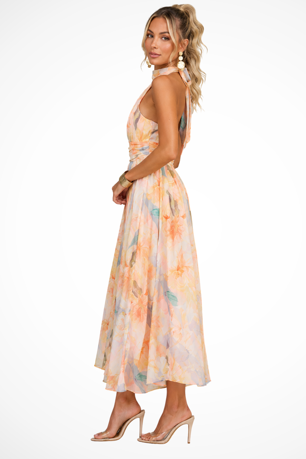 Women's Maxi Dress with Halter Neck and Floral Pattern | Elegant Chiffon Dress for Wedding Guests | Floor-Length Summer Dress