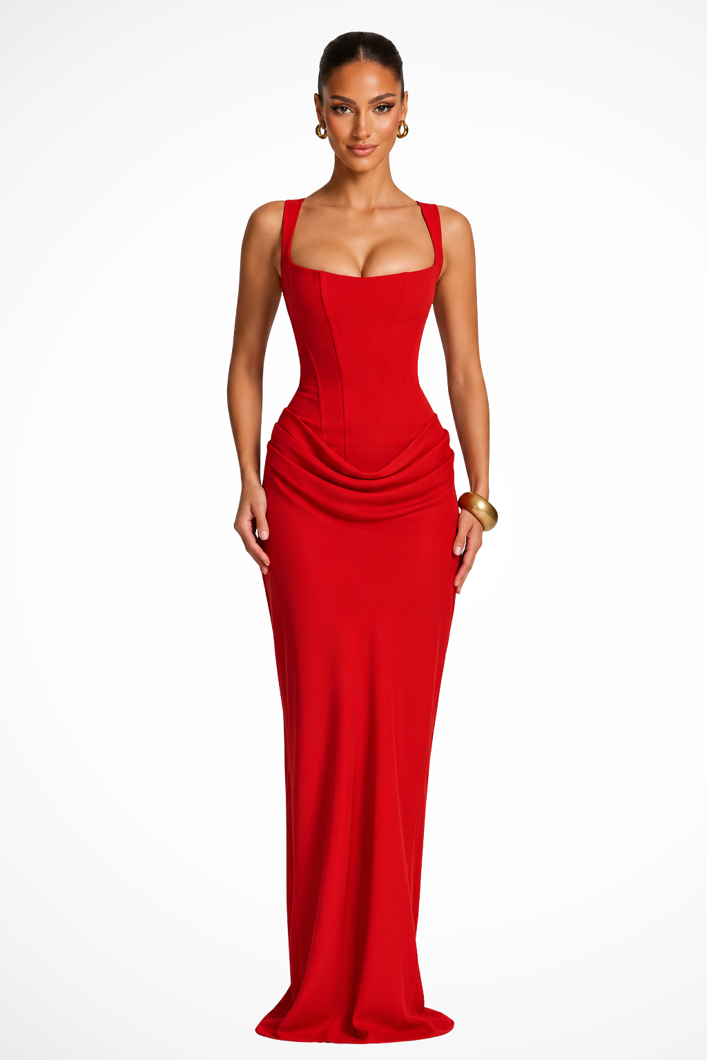 Festliches Damen Maxikleid mit eckigem Ausschnitt und Korsett-Drapierung | Elegantes Kleid für Hochzeitsgäste & Events