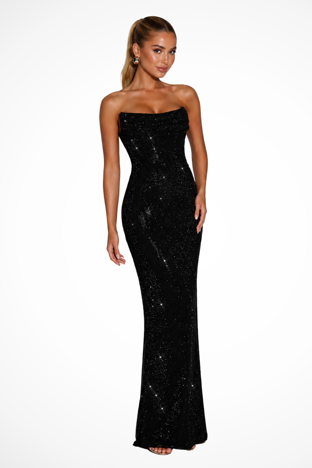 Damen Maxikleid Trägerlos | Festliches Kleid für Hochzeitsgäste mit Verzierungen | Elegantes Abendkleid Bodenlang