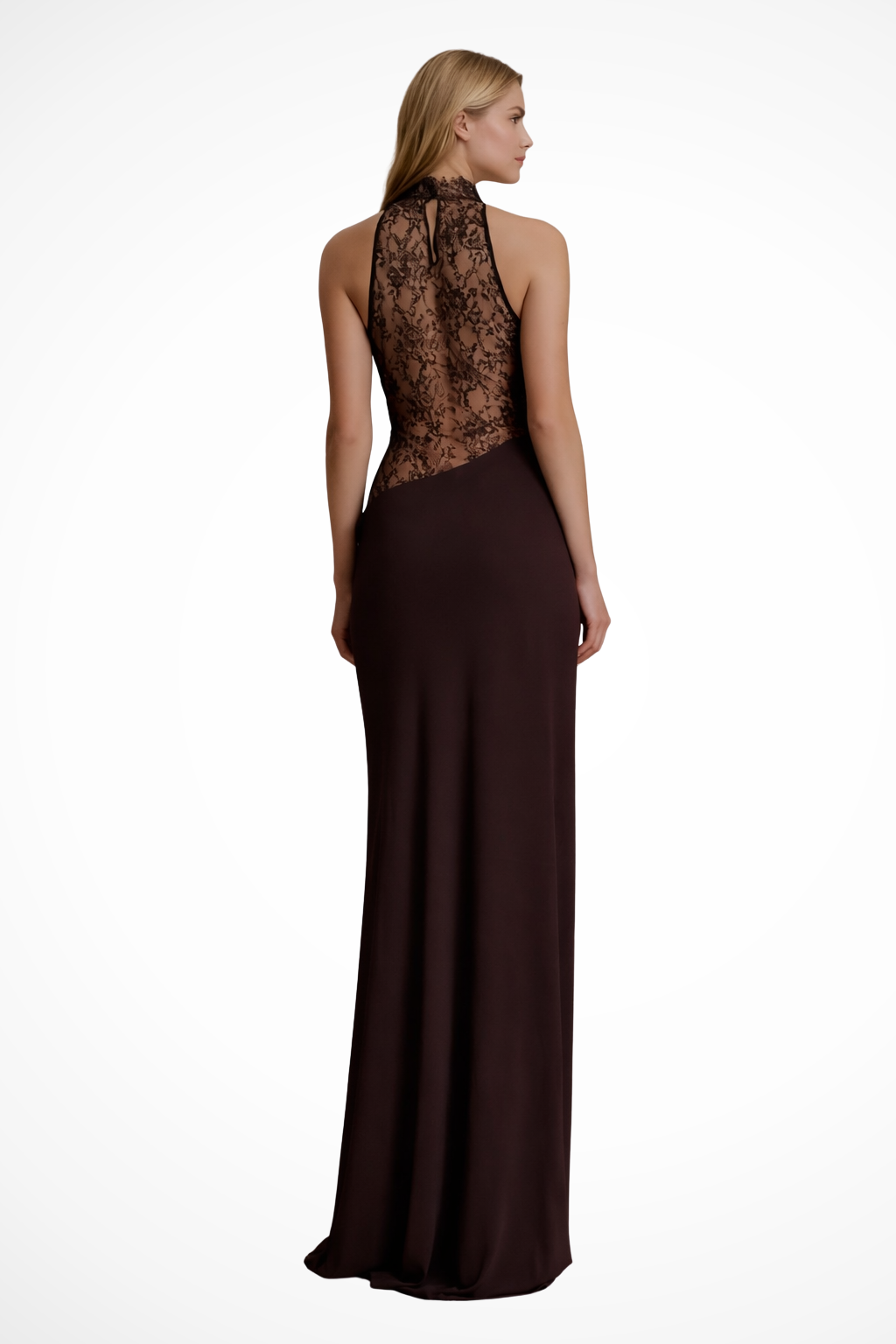 Women's Maxi Dress with Halter Neck and Lace Insert | Sleeveless Floor-Length Evening Dress for Wedding Guests and Events