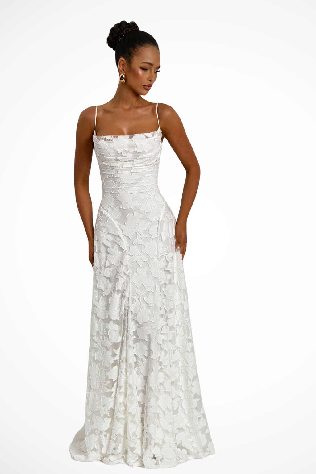 Maxikleid für Hochzeitsgäste mit Wasserfallausschnitt und Blumenspitze | Festliches langes Abendkleid für Damen und feierliche