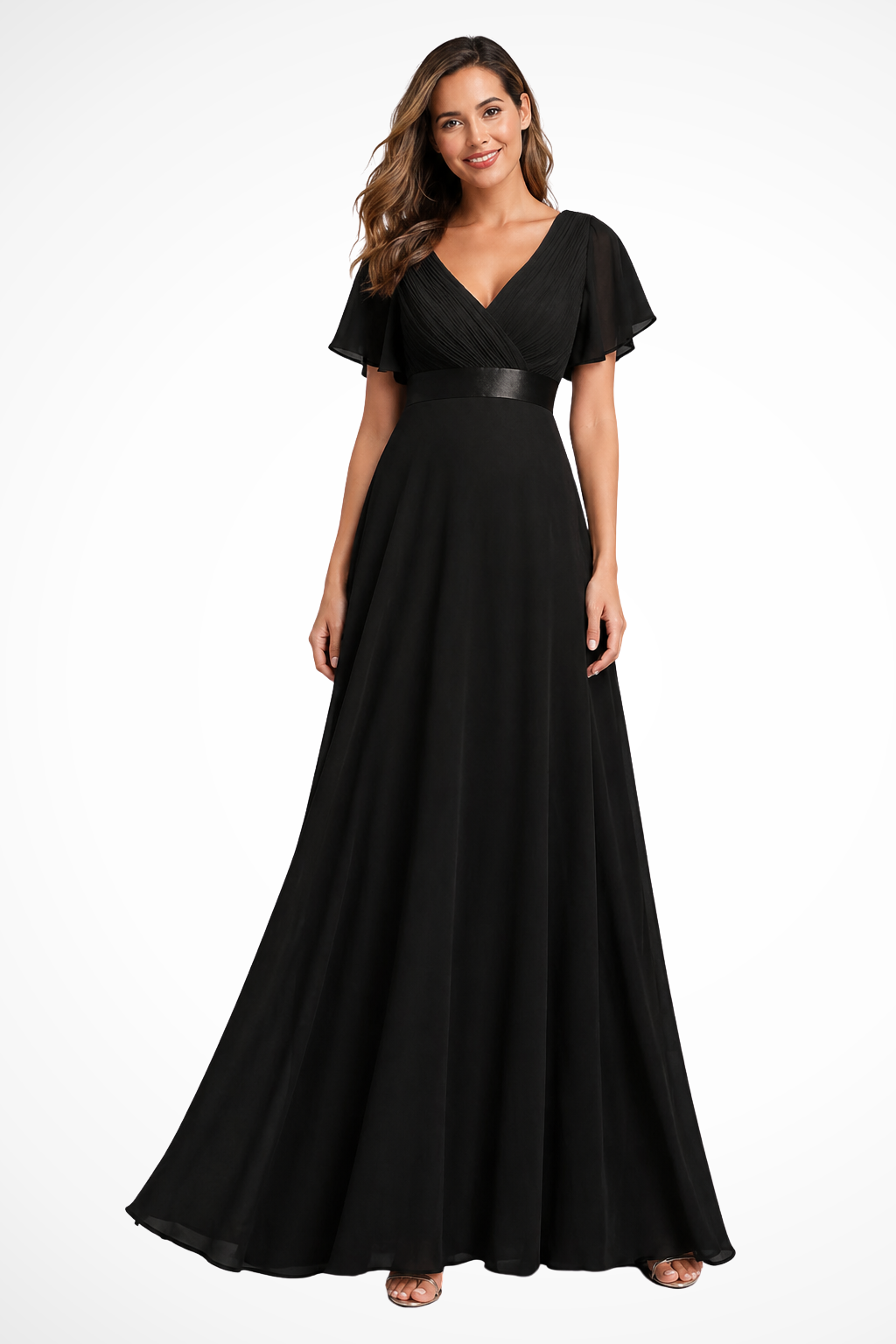 Chiffon-Maxikleid für Damen mit Flatterärmeln und V-Ausschnitt für Hochzeitsgäste
