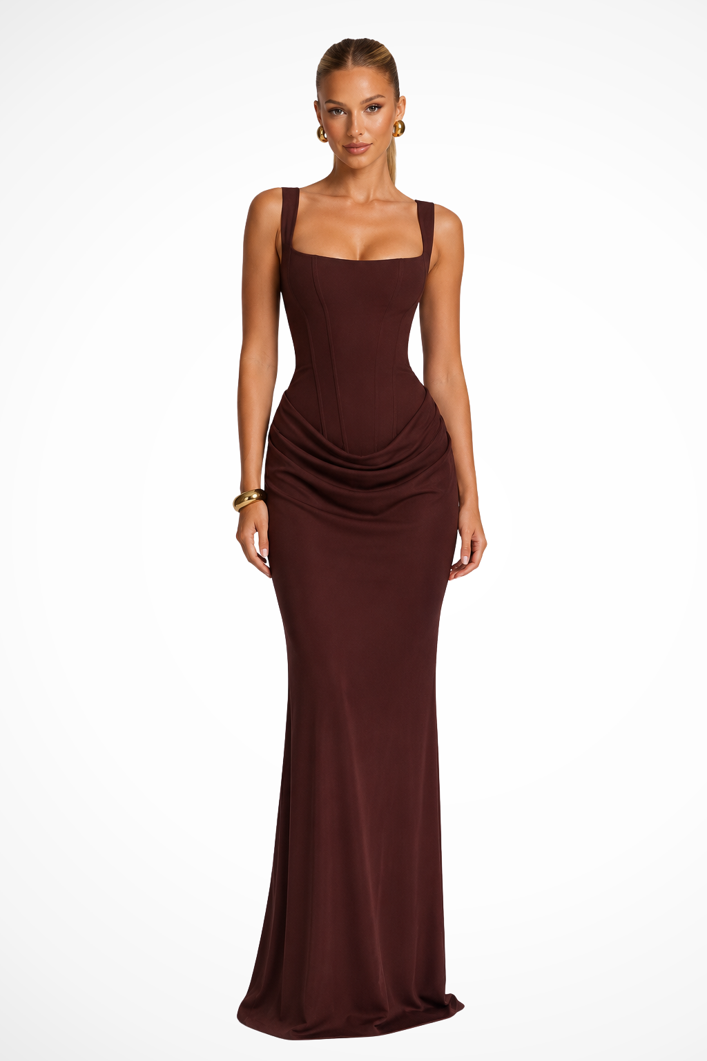 Damen Maxikleid für Hochzeitsgäste mit Karree-Ausschnitt und Korsett-Drapierung – Festliches Abendkleid für besondere Anlässe