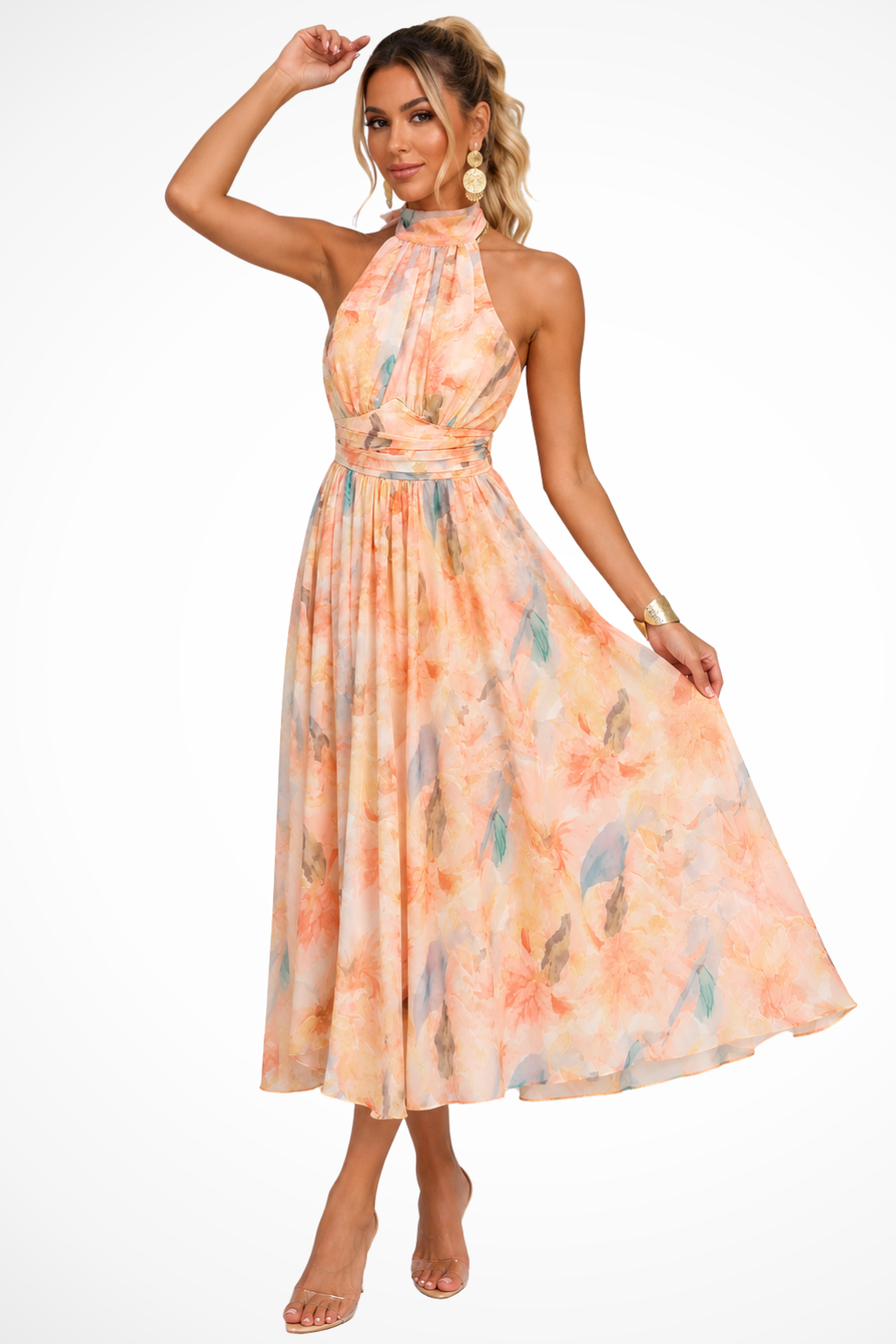 Damen Maxikleid mit Blumenmuster | Neckholder Chiffonkleid für Hochzeitsgäste | Elegantes langes Sommerkleid für festliche Anlässe