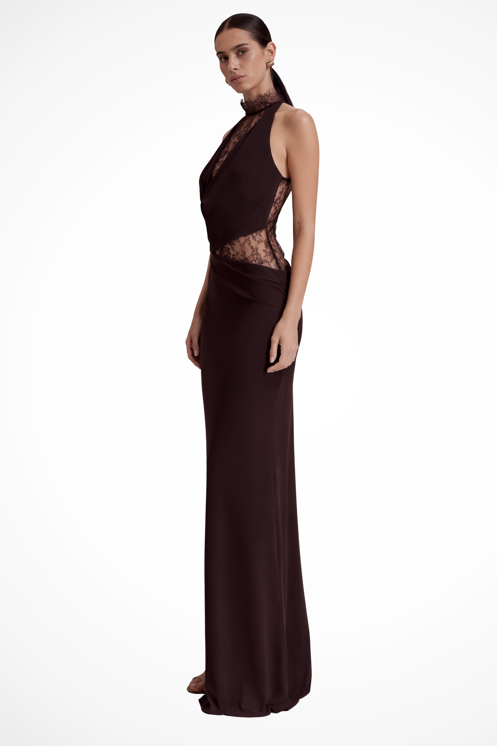 Women's Maxi Dress with Halter Neck and Lace Insert | Sleeveless Floor-Length Evening Dress for Wedding Guests and Events