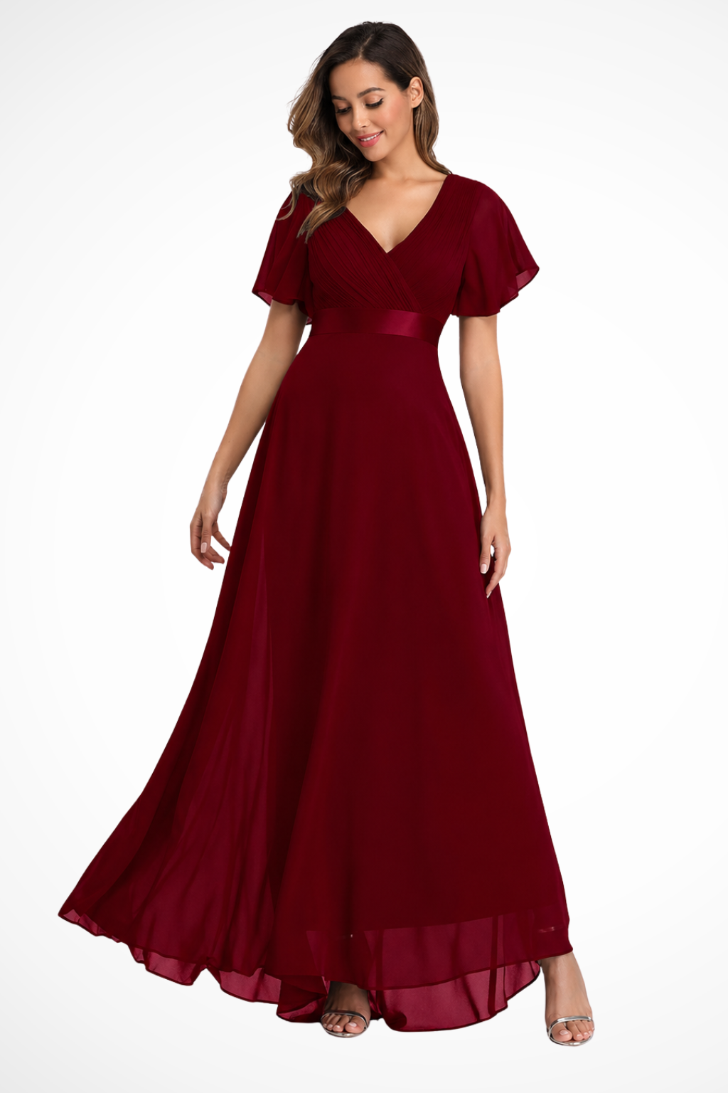 Chiffon-Maxikleid für Damen mit Flatterärmeln und V-Ausschnitt für Hochzeitsgäste