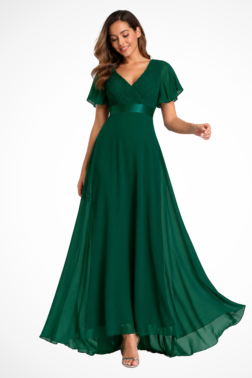 Maxikleid Damen aus Chiffon | Festliches Kleid für Hochzeitsgäste mit V-Ausschnitt und Flatterärmeln | Fließendes Abendkleid