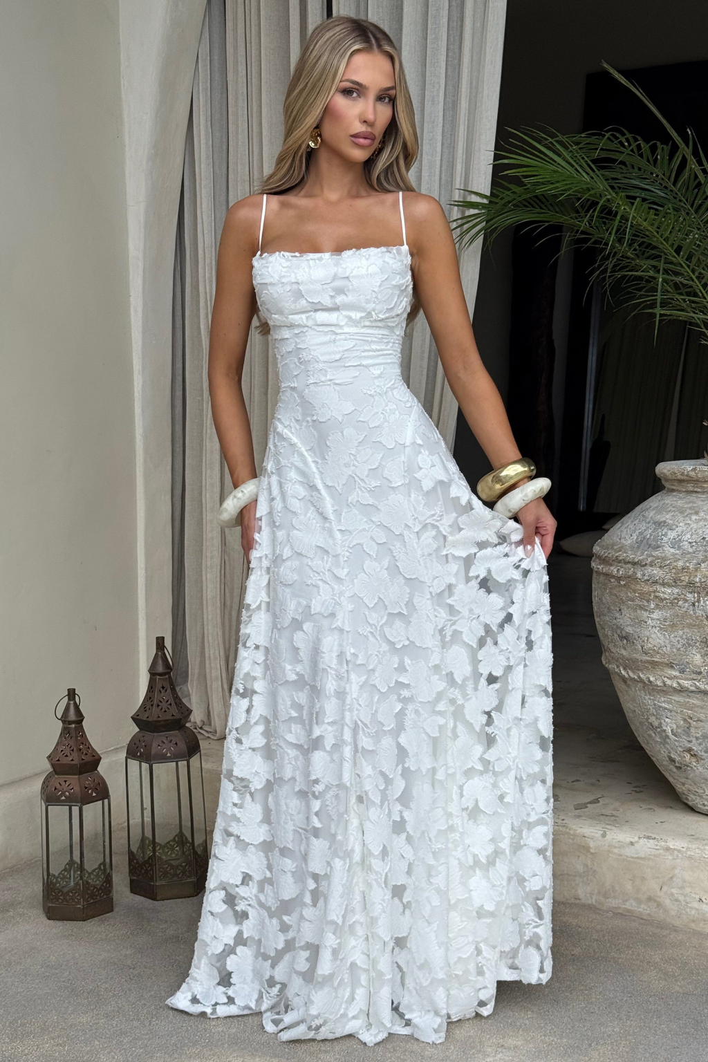 Women's Maxi Dress for Wedding Guests with Waterfall Neckline and Floral Lace – Elegant Formal Dress for Occasions
