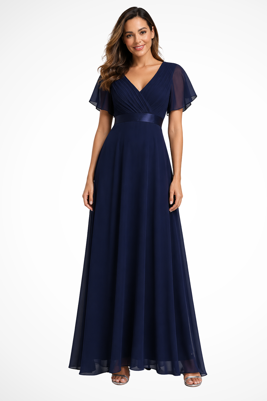 Chiffon-Maxikleid für Damen mit Flatterärmeln und V-Ausschnitt für Hochzeitsgäste