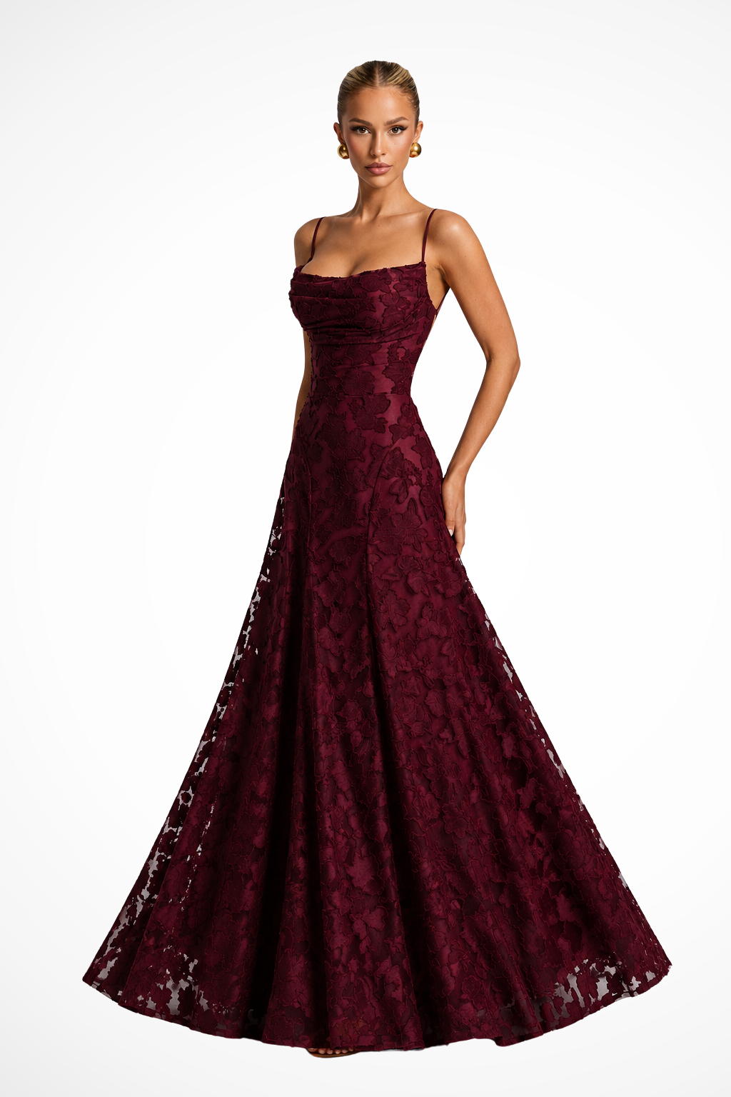 Maxikleid für Hochzeitsgäste mit Wasserfallausschnitt und Blumenspitze | Festliches langes Abendkleid für Damen und feierliche