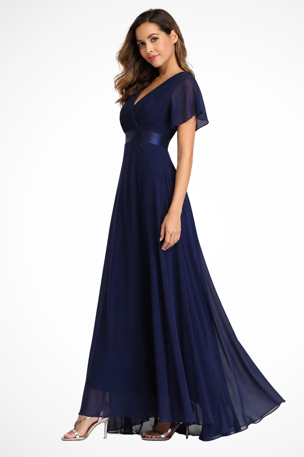 Chiffon-Maxikleid für Damen mit Flatterärmeln und V-Ausschnitt für Hochzeitsgäste