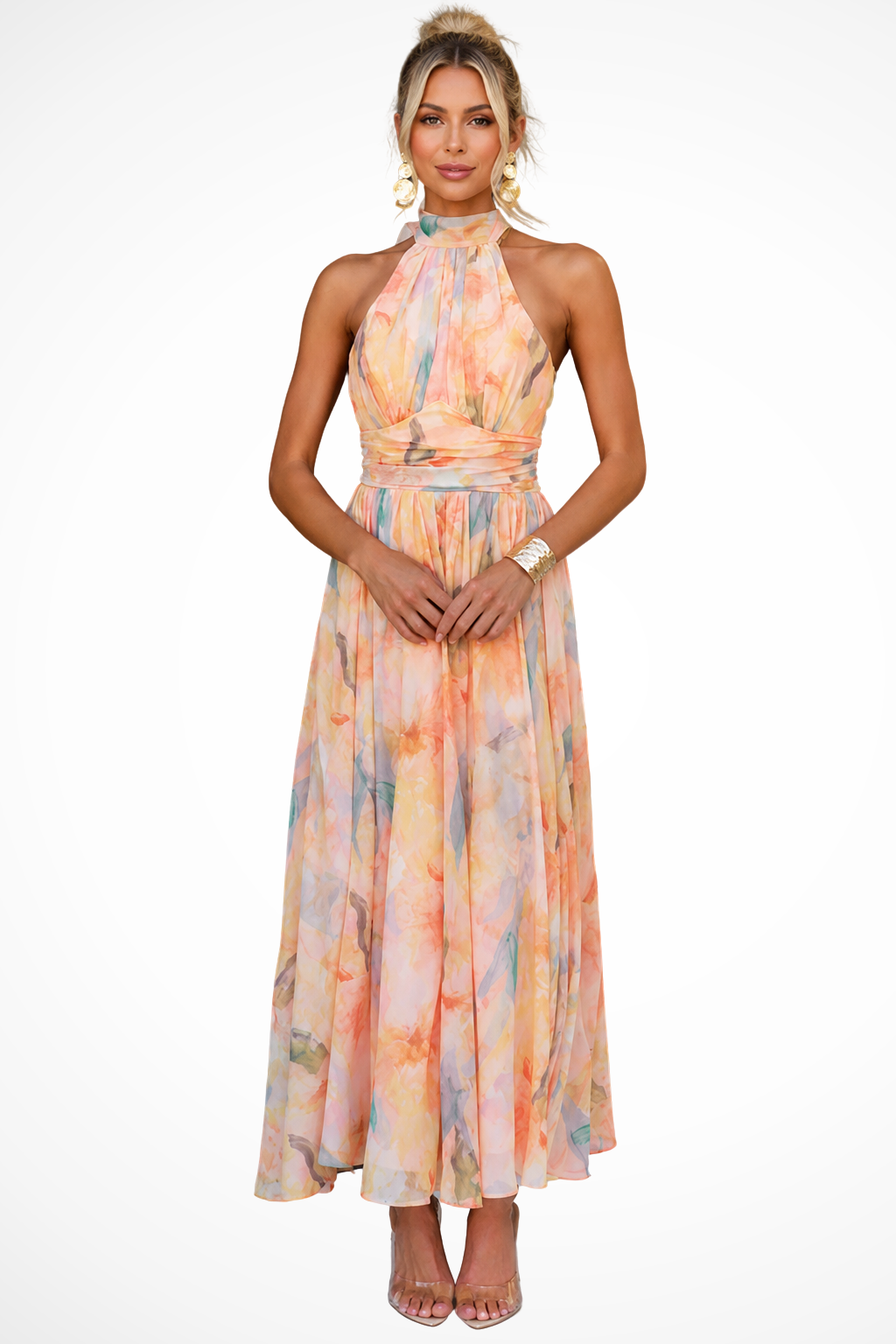 Damen Maxikleid mit Blumenmuster | Neckholder Chiffonkleid für Hochzeitsgäste | Elegantes langes Sommerkleid für festliche Anlässe