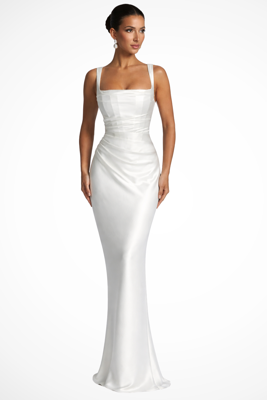 Maxikleid Damen für Hochzeitsgäste mit Carré-Ausschnitt und Raffung – Elegantes Abendkleid inklusive Handschuhen und Choker