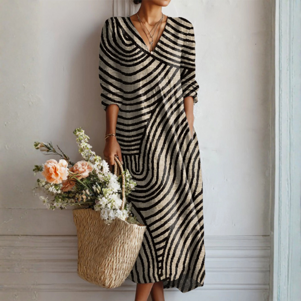 Vintage Leinenkleid für Damen mit abstraktem Muster | Leichtes Sommerkleid mit Taschen und lockerer Passform für den Alltag