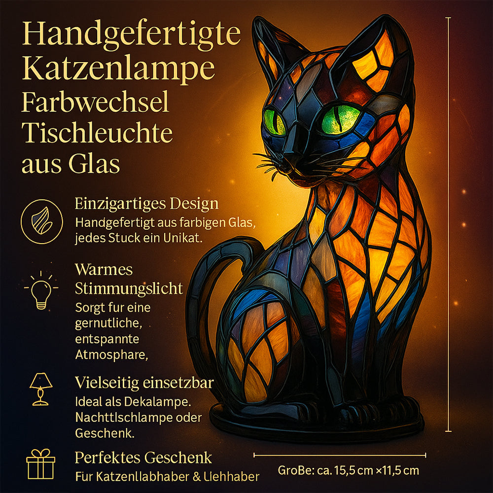 Handgefertigte Katzenlampe - Farbwechsel Tischleuchte aus Glas