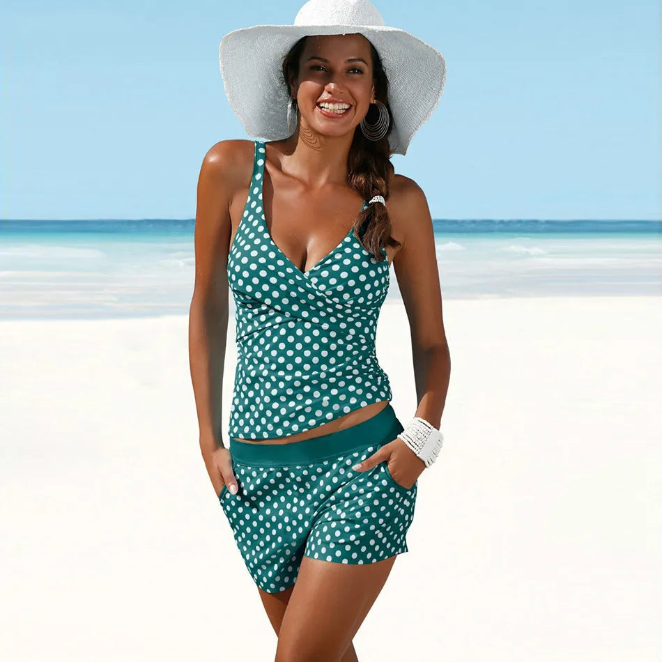 Women's Tankini Set with Shorts | Polka Dot Swimsuit with V-Neck | Two-Piece Swimwear with Adjustable Straps