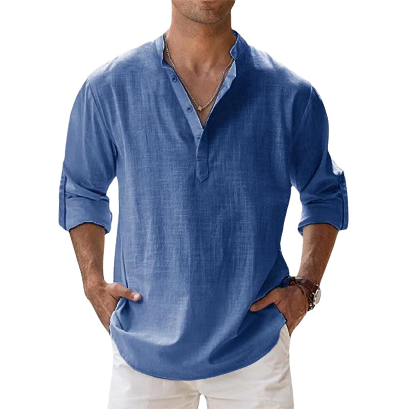 Men's Linen Shirt with Henley Neckline | Breathable Summer Shirt Made of Lightweight Linen | Classic Long-Sleeve Casual Shirt