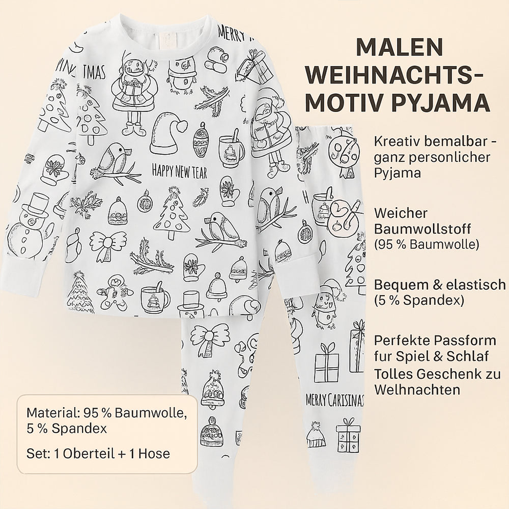 Kinder Baumwoll-Schlafanzug-Set zum Ausmalen – Kreativer Weihnachts-Pyjama