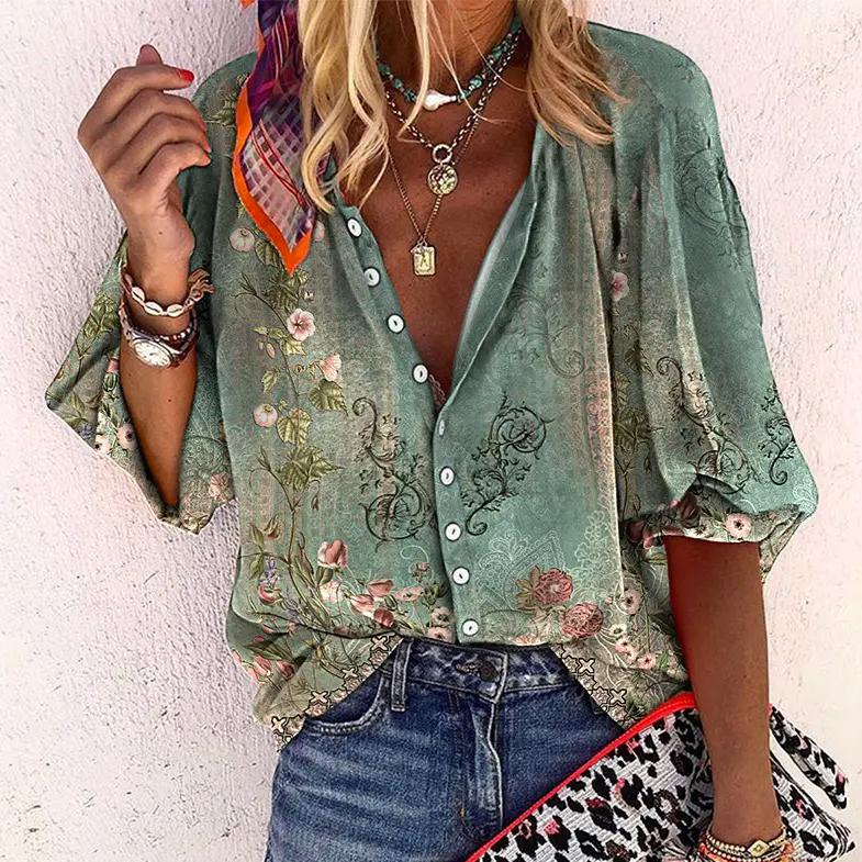 Women's blouse in boho style with floral print | Airy summer blouse with wide sleeves | Comfortable fit for warm summer days