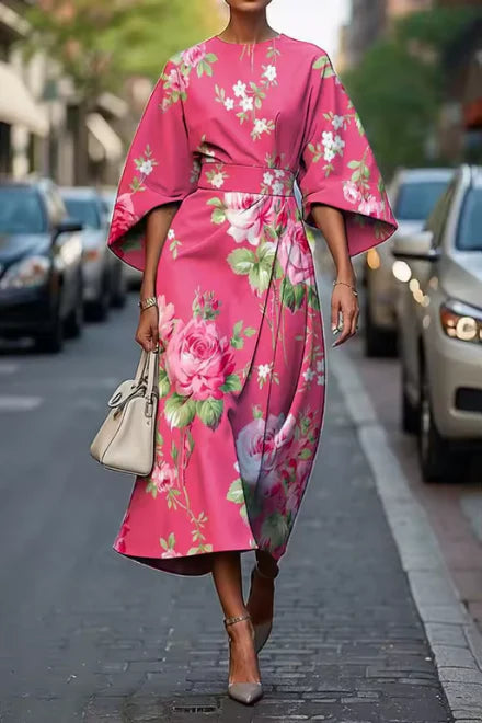 Elegantes Midi-Kleid mit Blumenmuster und Gürtel für Hochzeitsgäste