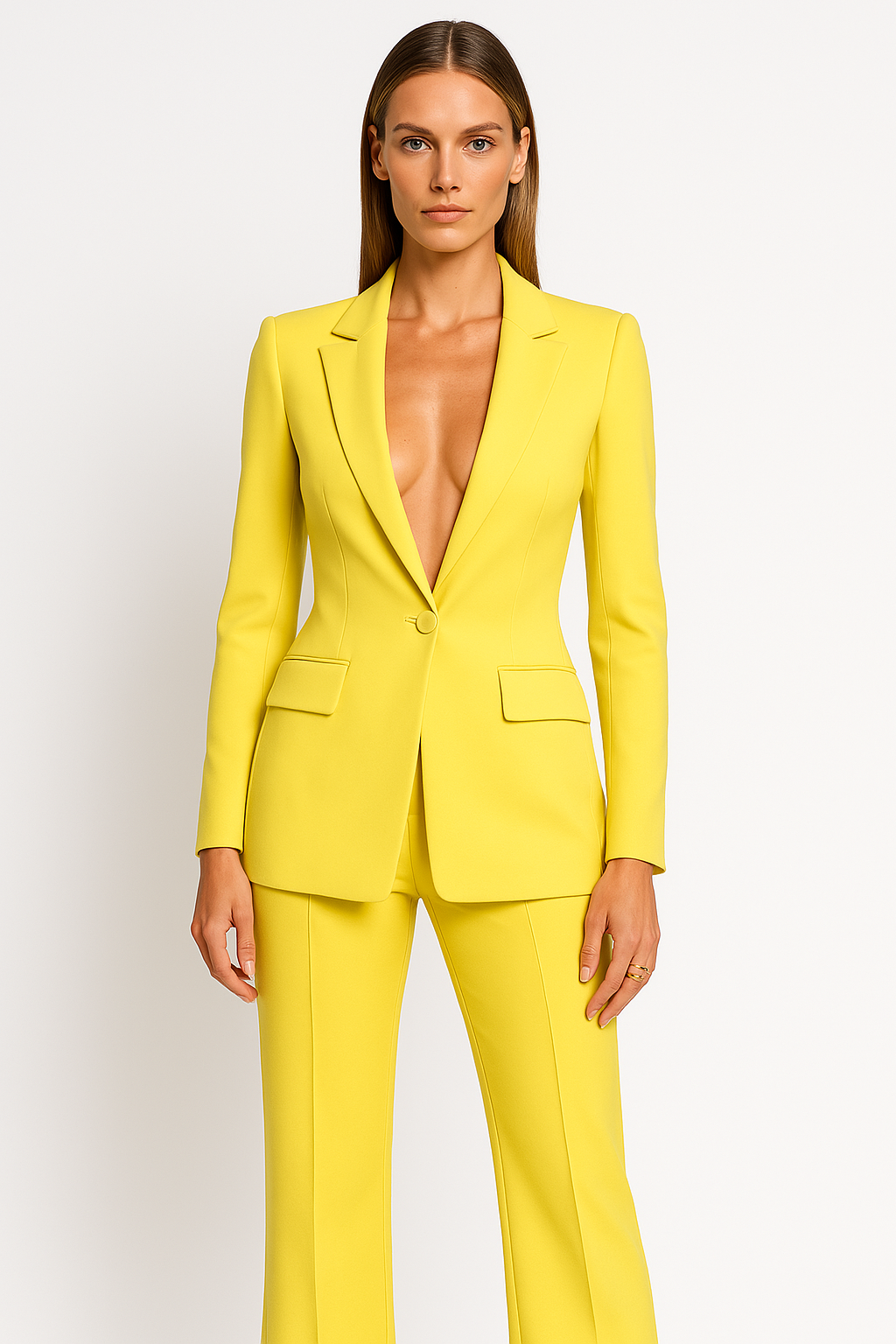 Eleganter Damen-Hosenanzug mit tiefem Ausschnitt – Blazer & Hose mit geradem Bein
