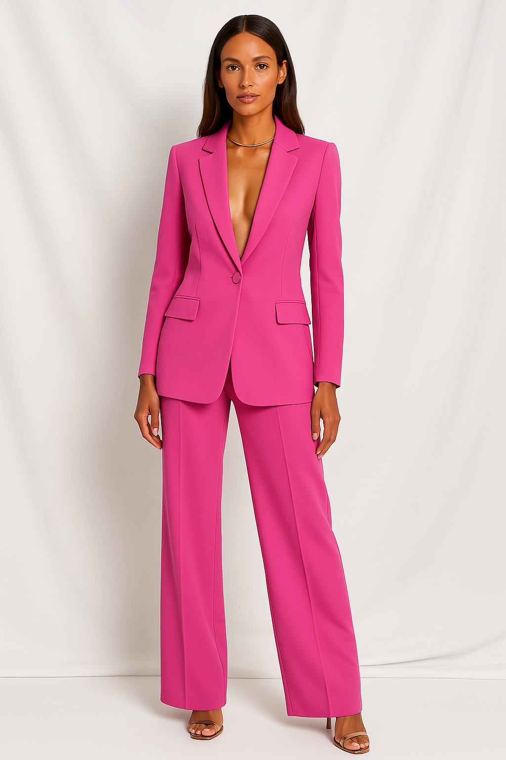 Eleganter Damen-Hosenanzug mit tiefem Ausschnitt – Blazer & Hose mit geradem Bein