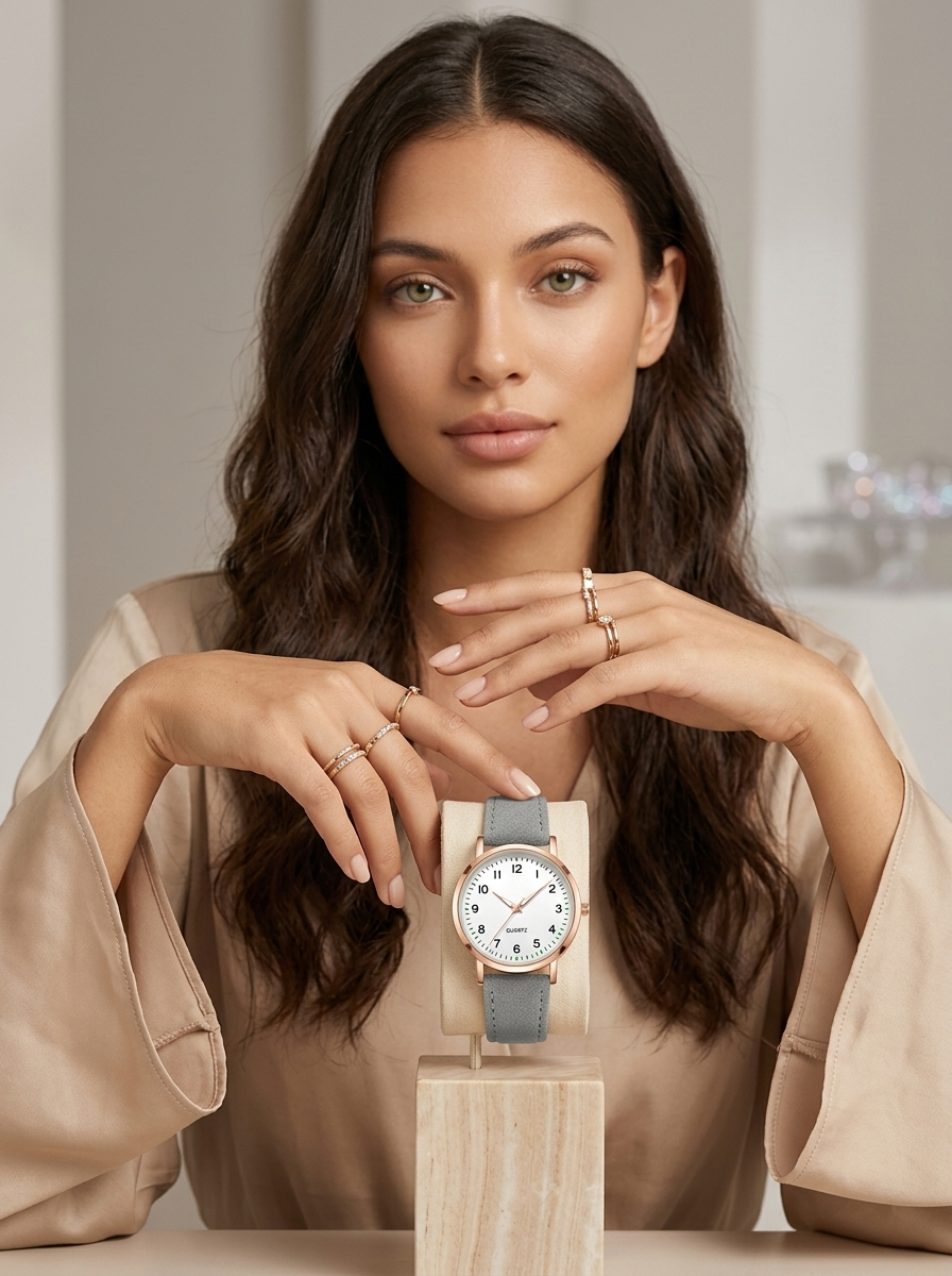 Damenarmbanduhr mit Lederarmband und Gehäuse in Roségold – Minimalistische Armbanduhr für den Alltag und schicke Anlässe