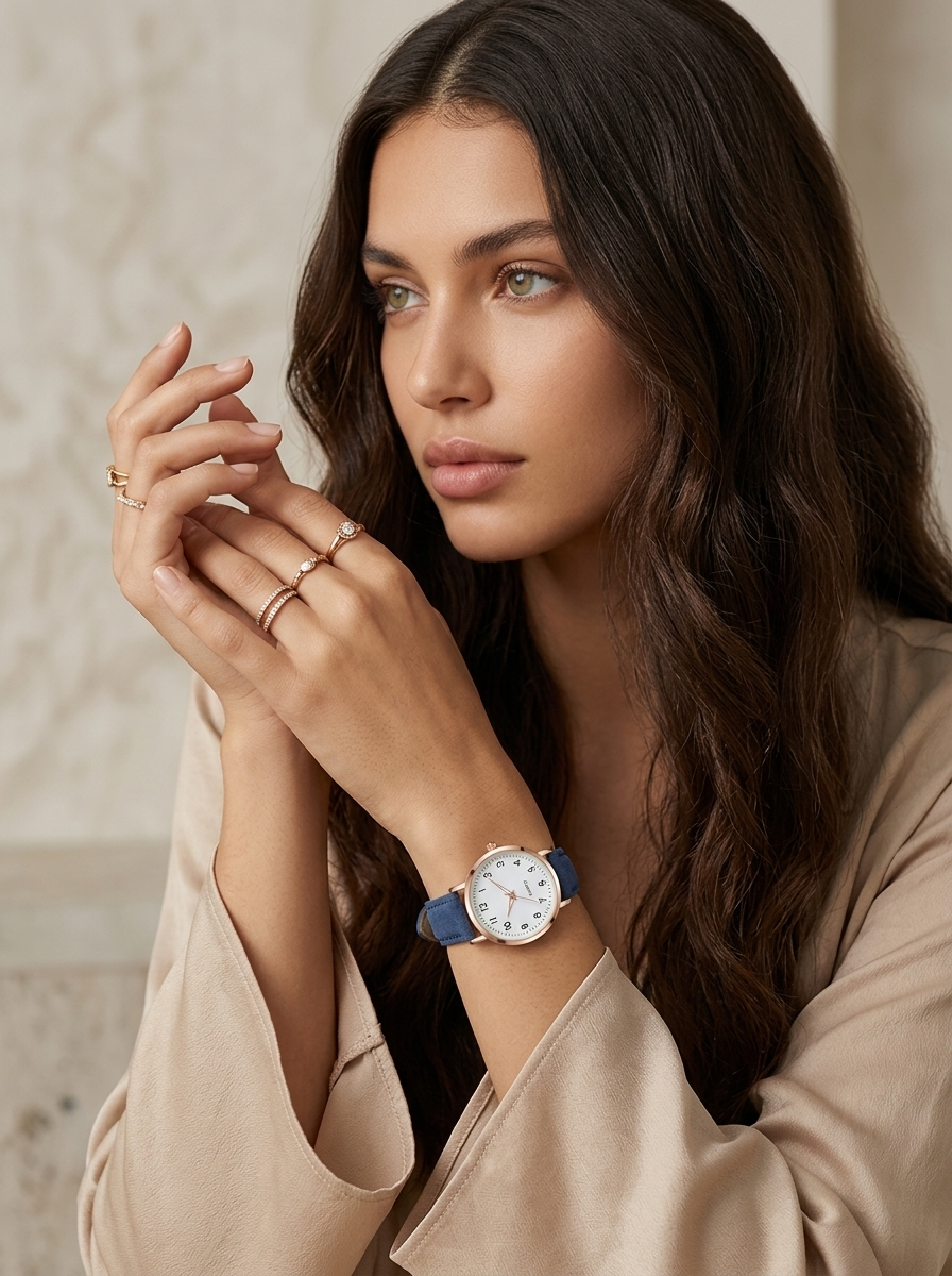 Damenarmbanduhr mit Lederarmband und Gehäuse in Roségold – Minimalistische Armbanduhr für den Alltag und schicke Anlässe