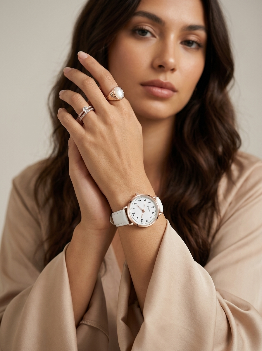 Damenarmbanduhr mit Lederarmband und Gehäuse in Roségold – Minimalistische Armbanduhr für den Alltag und schicke Anlässe