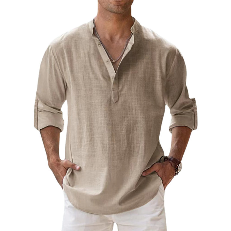 Men's Linen Shirt with Henley Neckline | Breathable Summer Shirt Made of Lightweight Linen | Classic Long-Sleeve Casual Shirt