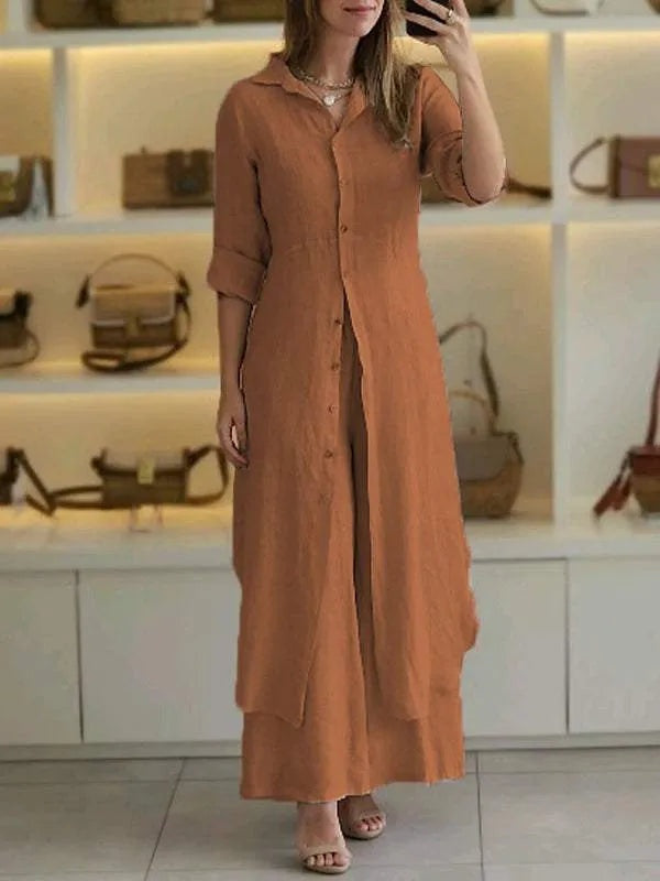 Linen Set for Women | Two-Piece Outfit with Long Blouse and Wide Pants | Airy Summer Two-Piece for Women | Breathable & Comfortable