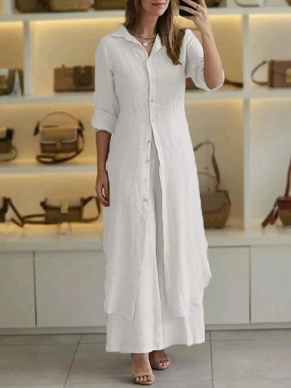 Linen Set for Women | Two-Piece Outfit with Long Blouse and Wide Pants | Airy Summer Two-Piece for Women | Breathable & Comfortable