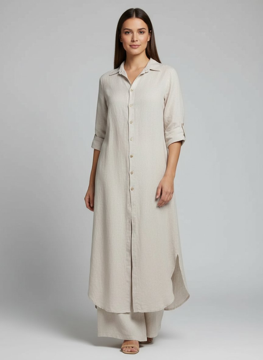 Linen Set for Women | Two-Piece Outfit with Long Blouse and Wide Pants | Airy Summer Two-Piece for Women | Breathable & Comfortable