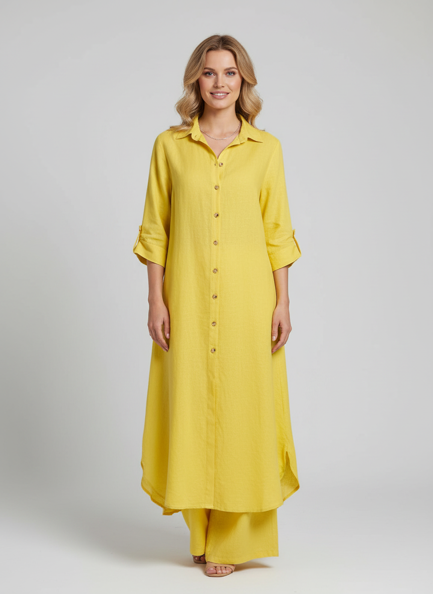 Linen Set for Women | Two-Piece Outfit with Long Blouse and Wide Pants | Airy Summer Two-Piece for Women | Breathable & Comfortable