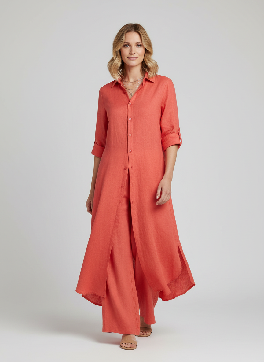 Linen Set for Women | Two-Piece Outfit with Long Blouse and Wide Pants | Airy Summer Two-Piece for Women | Breathable & Comfortable