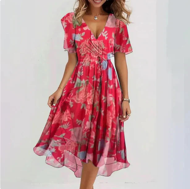 Women's Summer Dress with Floral Pattern | Airy Midi Dress with V-Neck, Butterfly Sleeves, and Wrap Look