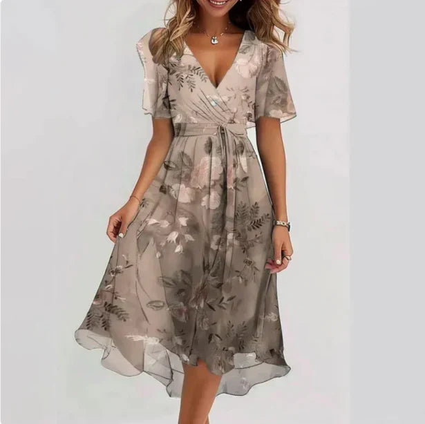 Women's Summer Dress with Floral Pattern | Airy Midi Dress with V-Neck, Butterfly Sleeves, and Wrap Look