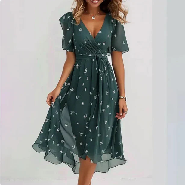 Women's Summer Dress with Floral Pattern | Airy Midi Dress with V-Neck, Butterfly Sleeves, and Wrap Look