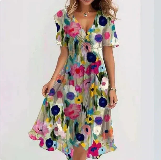 Women's Summer Dress with Floral Pattern | Airy Midi Dress with V-Neck, Butterfly Sleeves, and Wrap Look