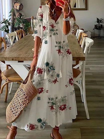 Women's Boho Midi Dress with V-Neck and 3/4 Sleeves - Loose-Fitting Casual Dress with Pattern for Everyday and Leisure Wear