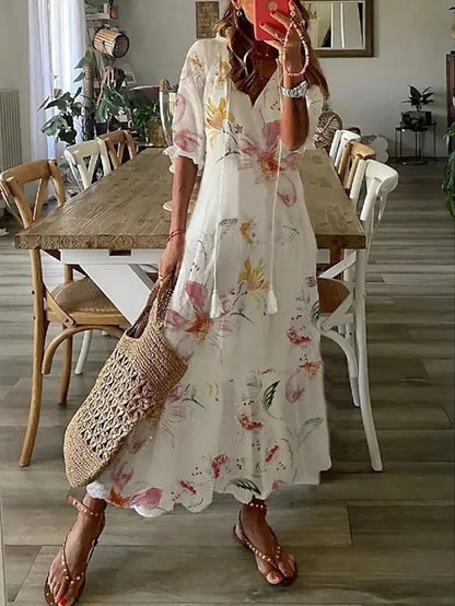 Women's Boho Midi Dress with V-Neck and 3/4 Sleeves - Loose-Fitting Casual Dress with Pattern for Everyday and Leisure Wear