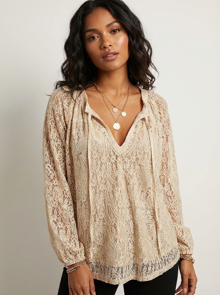 Damenbluse mit Spitze im Boho-Stil | Luftige Sommerbluse locker geschnitten | Feminine Spitzenbluse für Freizeit und Urlaub