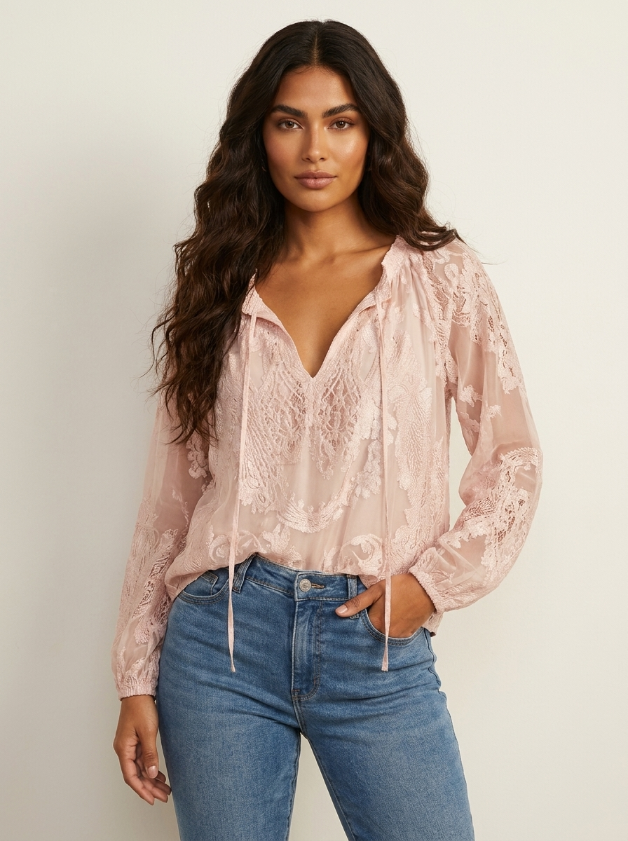 Damenbluse mit Spitze im Boho-Stil | Luftige Sommerbluse locker geschnitten | Feminine Spitzenbluse für Freizeit und Urlaub