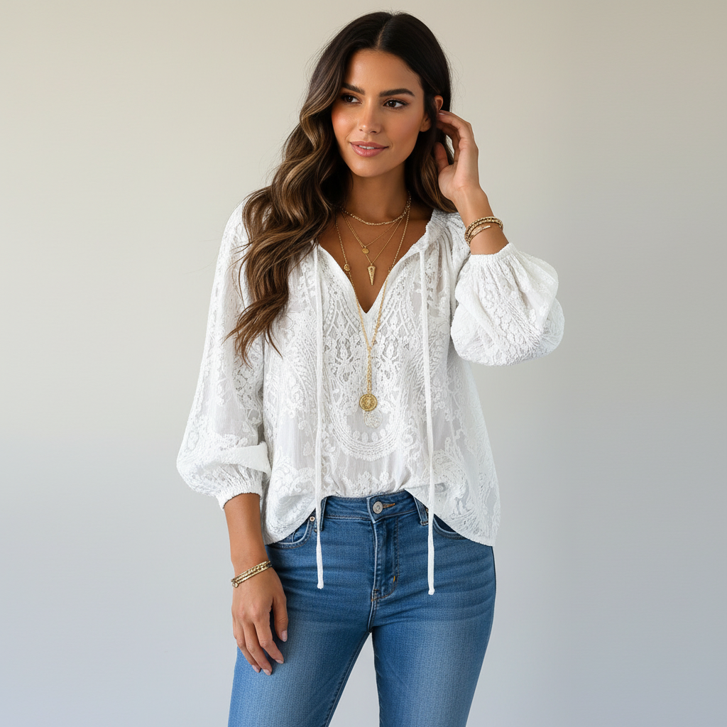 Damenbluse mit Spitze im Boho-Stil | Luftige Sommerbluse locker geschnitten | Feminine Spitzenbluse für Freizeit und Urlaub