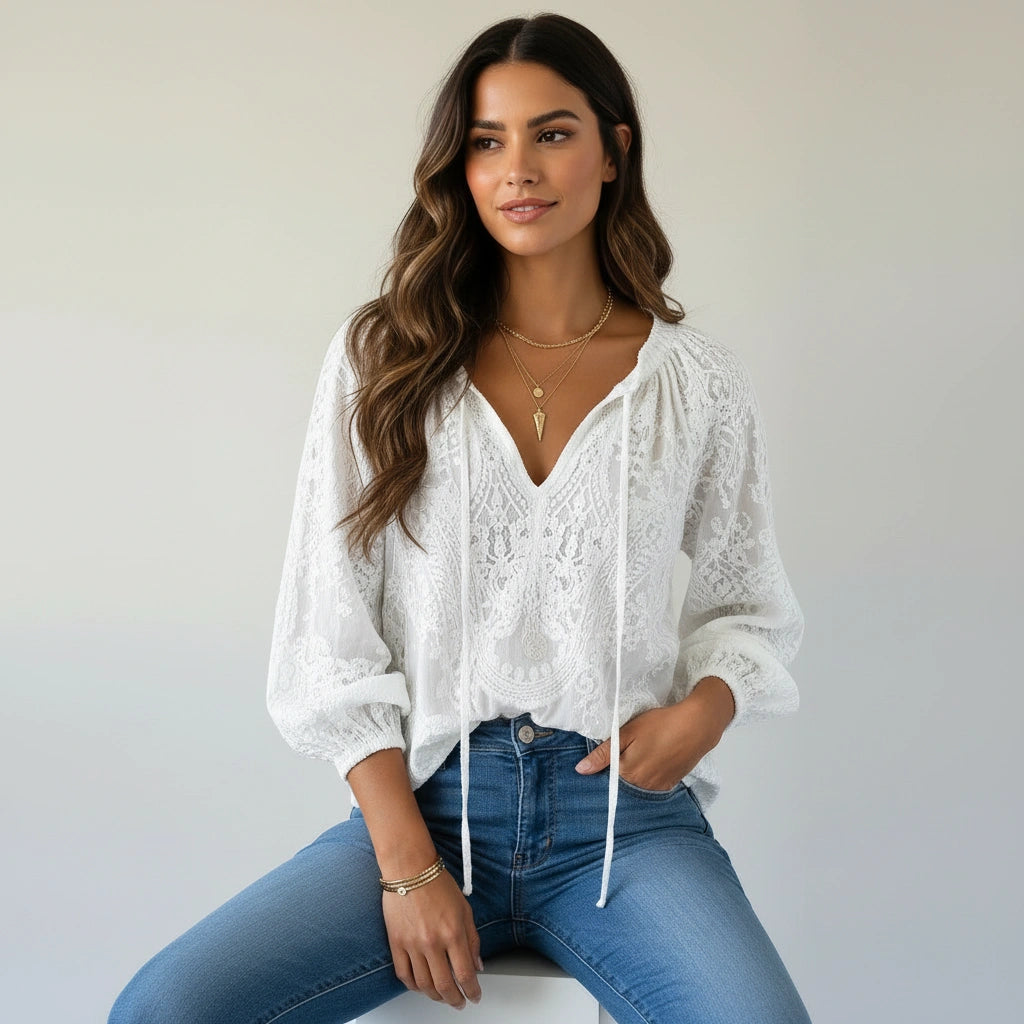 Damenbluse mit Spitze im Boho-Stil | Luftige Sommerbluse locker geschnitten | Feminine Spitzenbluse für Freizeit und Urlaub